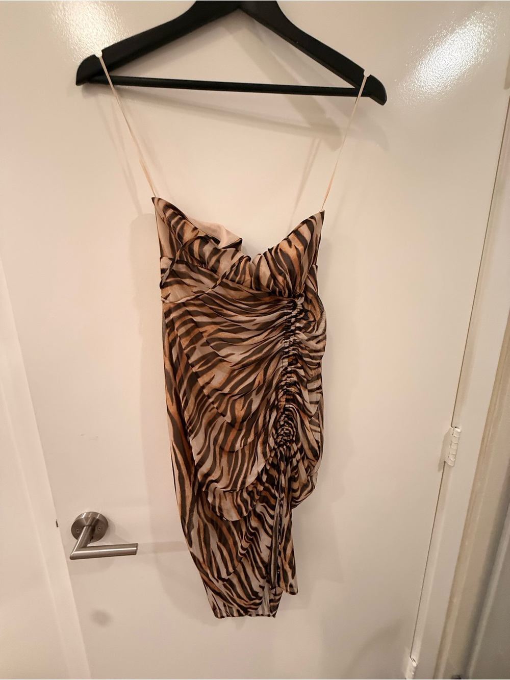 Socialite Zebra-Print Ruched Mini Dress in Brown and Cream